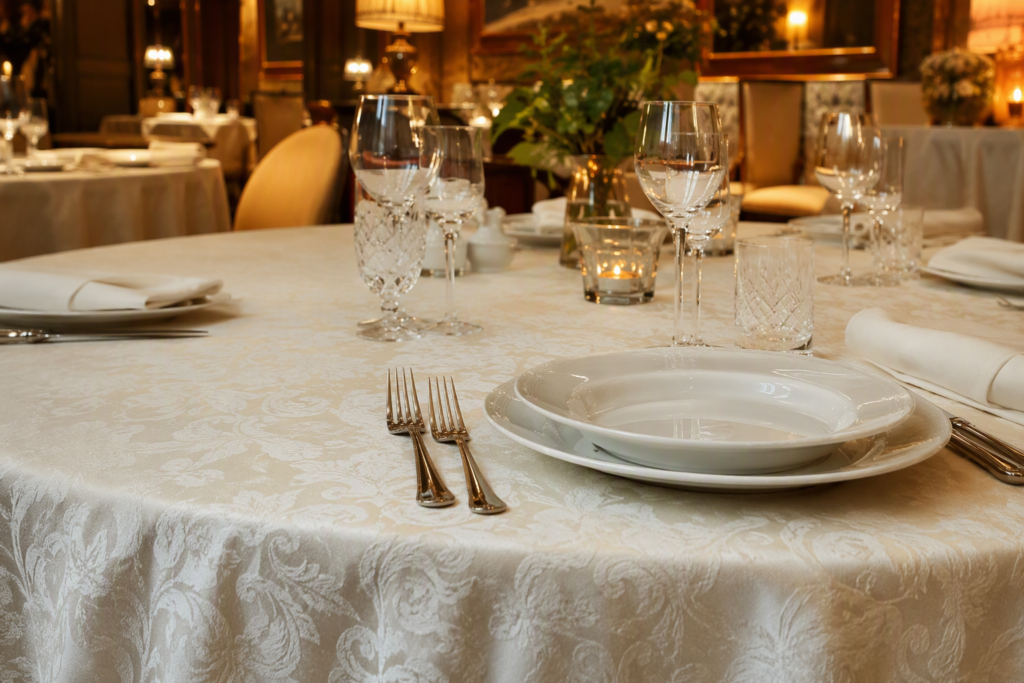 Ivory damask tablecloth on a fine dining table with the self-coloured woven floral motif visible