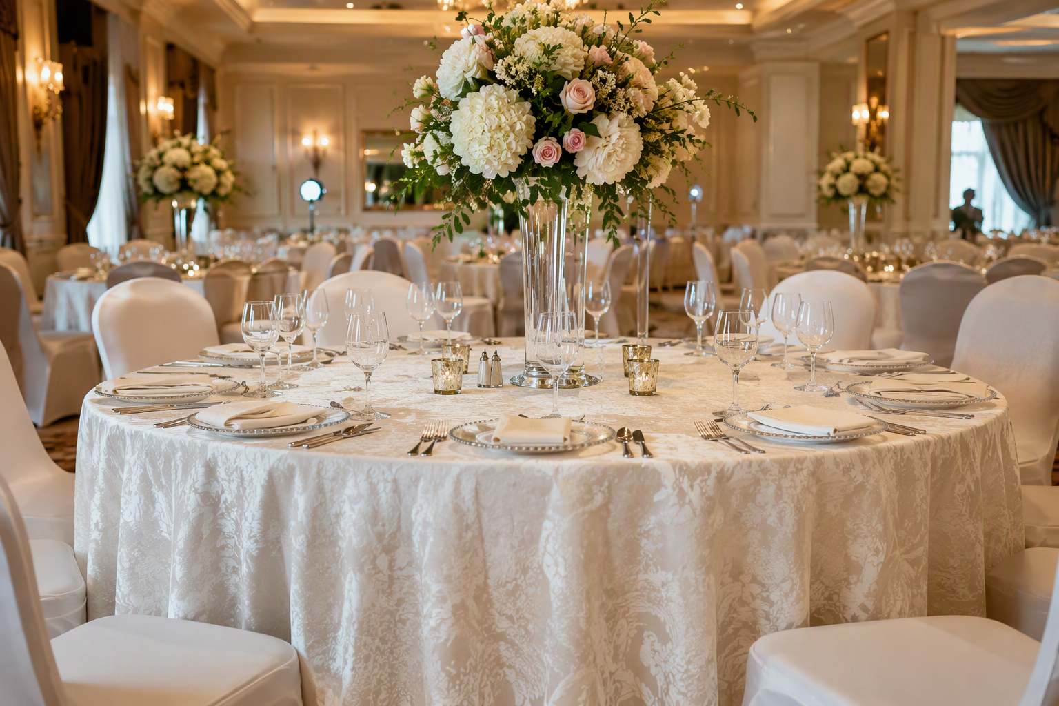 A hotel banquet round table dressed with an ivory damask tablecloth