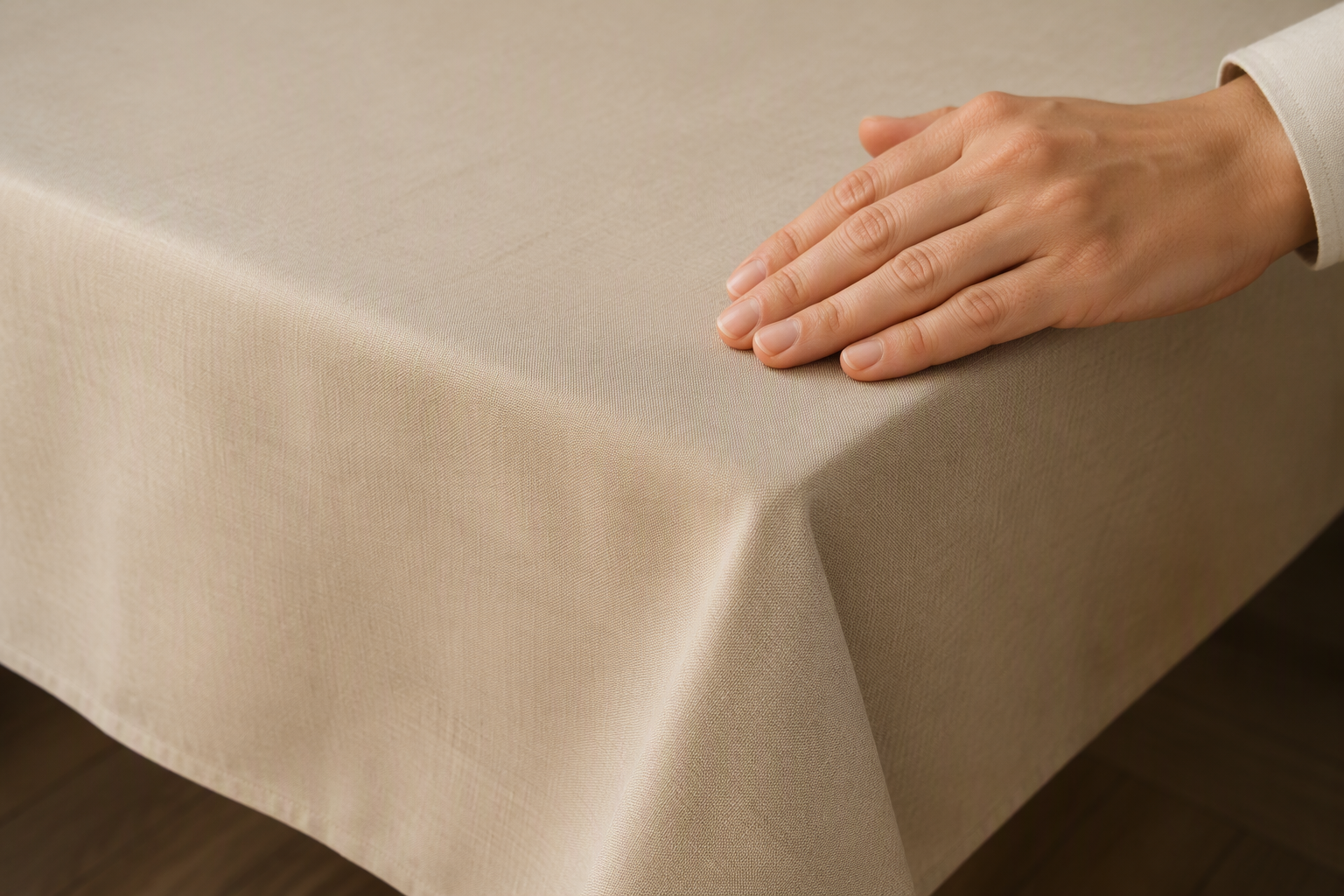 A hand smoothing the corner of an unwrinkled faux linen tablecloth