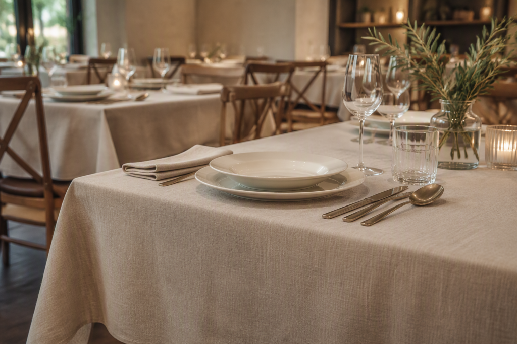 Natural beige faux linen textured tablecloth set in a warm restaurant dining room