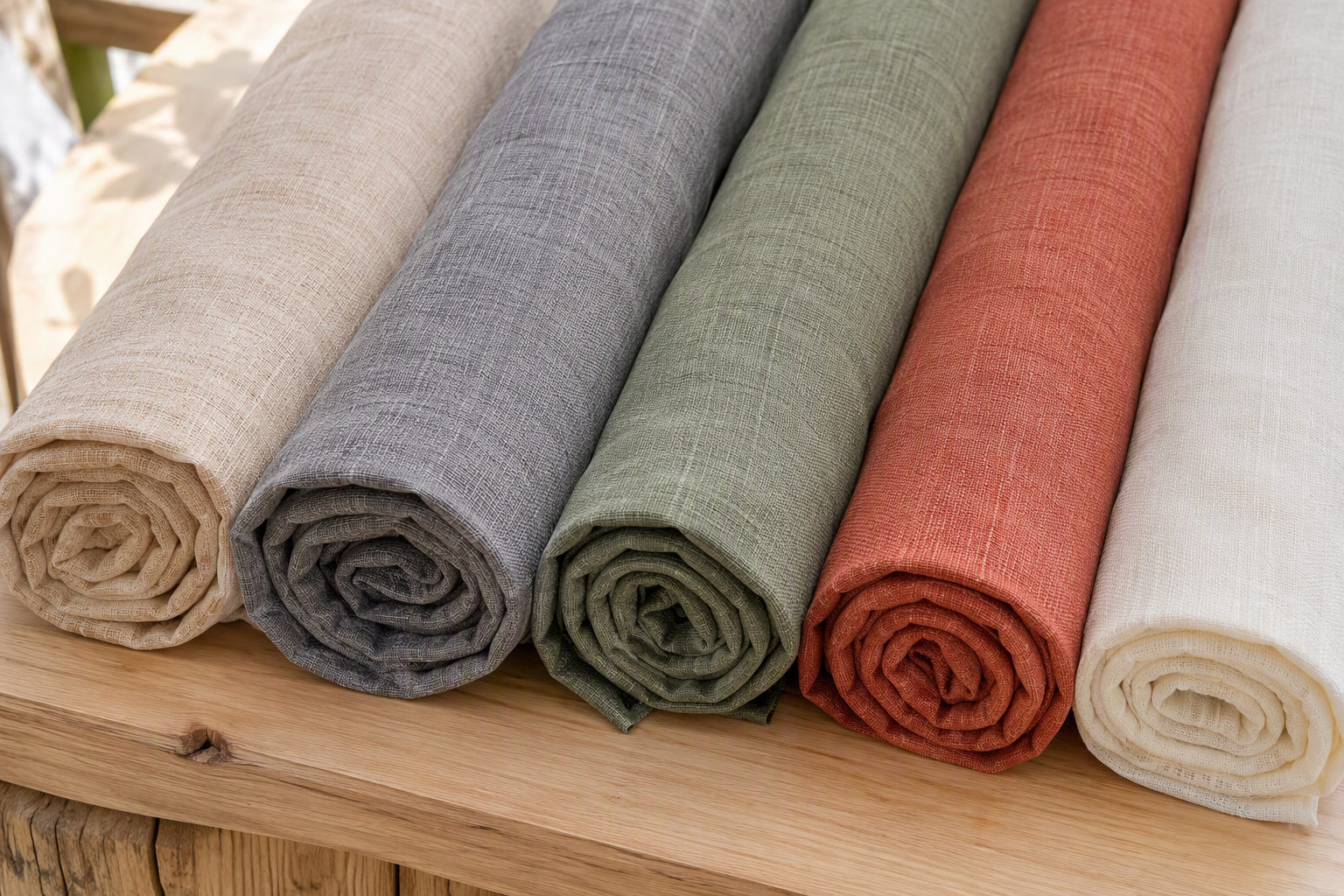 Rolled faux linen tablecloths in beige, grey, sage, terracotta and cream