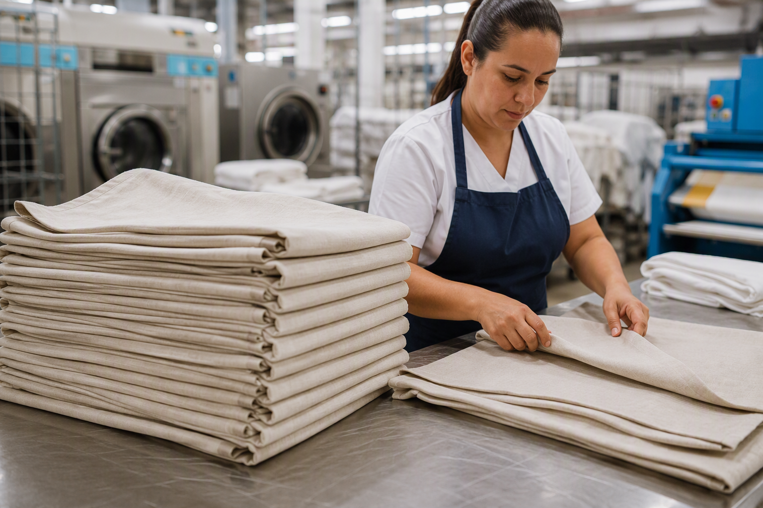 A commercial laundry scene with freshly washed faux linen tablecloths being folded