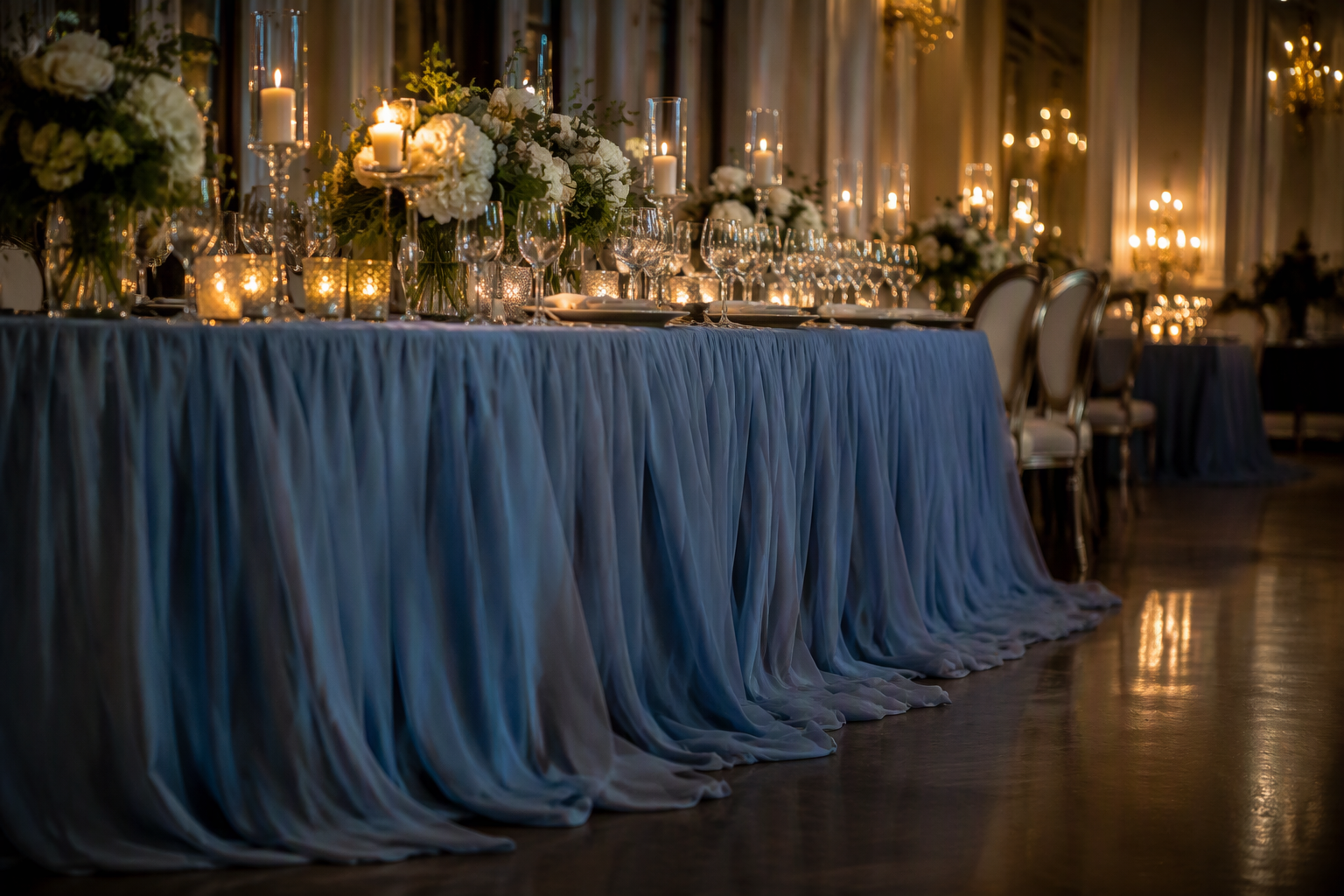 A dusty blue chiffon tablecloth draped to the floor in soft fluid waves