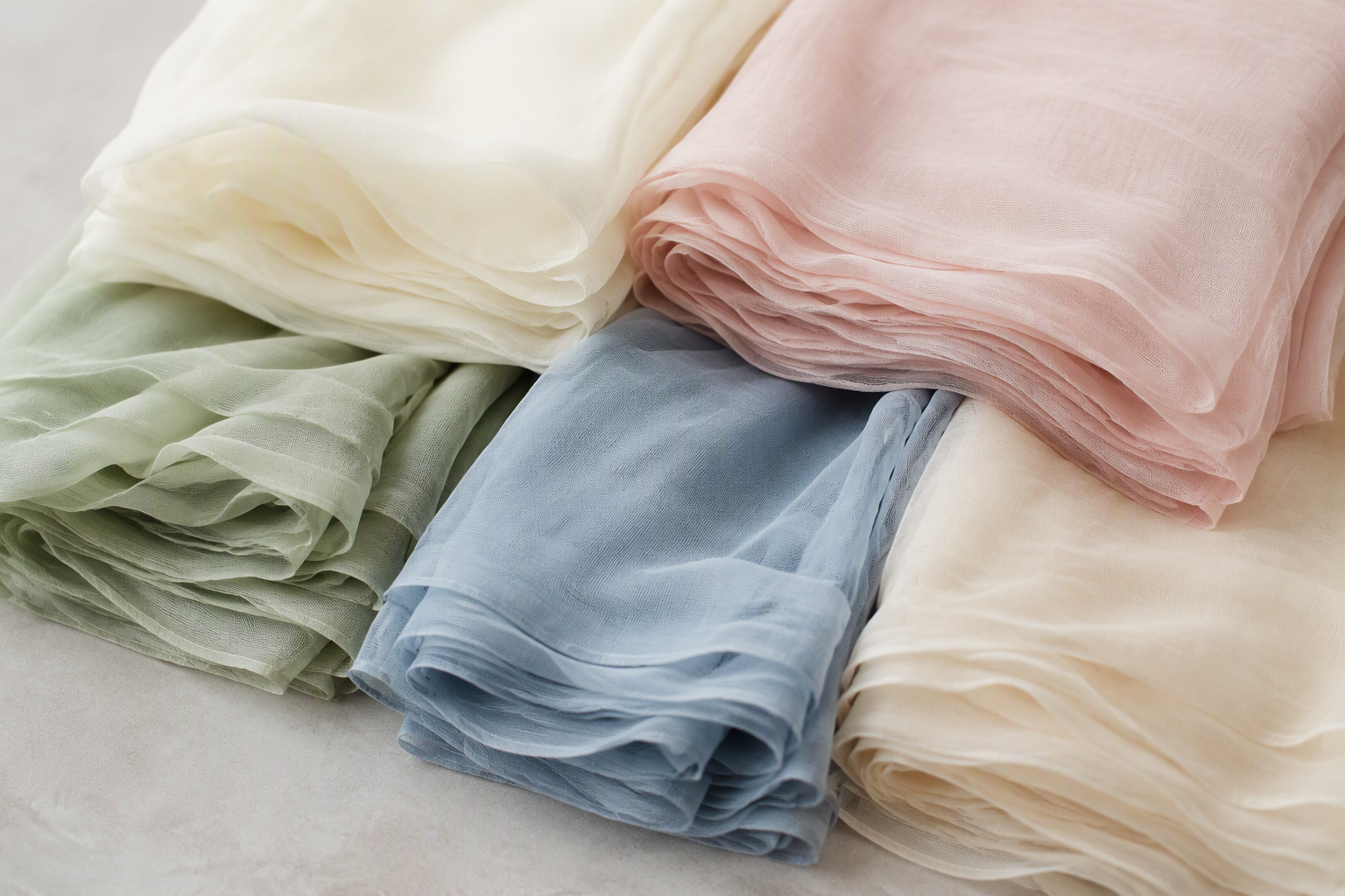 Folded chiffon tablecloths in ivory, blush, sage, dusty blue and cream