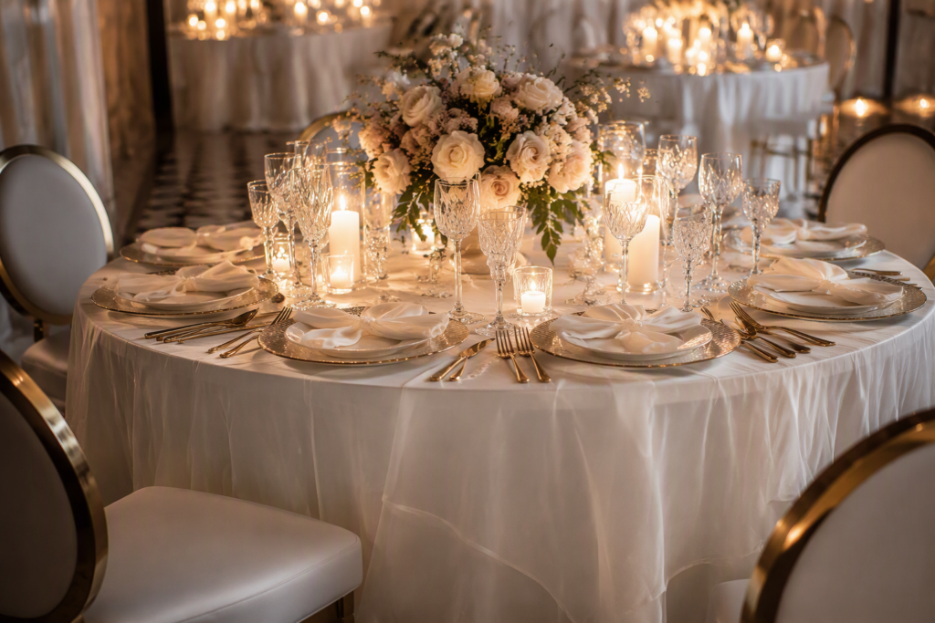 Sheer ivory chiffon tablecloth draping softly over a wedding round table