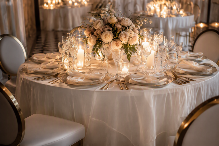 Sheer ivory chiffon tablecloth draping softly over a wedding round table